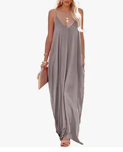 Strappy V Neck Loose Long Dress With Pockets Casual Fit Polyester Summer