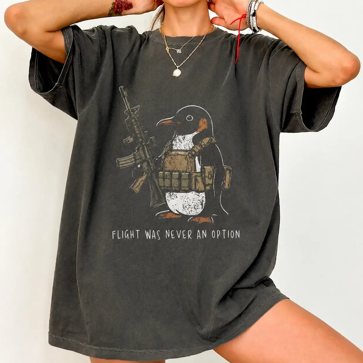 Flight Was Never an Option TShirt, Tactical Penguin Graphic Tee, Funny Military Animal Shirt, Military Parody Streetwear Top, Gift for Penguin Lovers