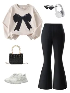 Young Girls' Fall Winter Fashion Bowknot Print Crew Neck Sweatshirt + Slim Fit Bell Flared Pants Set, Casual Outdoor Style, Moderate Fabric, Fitted