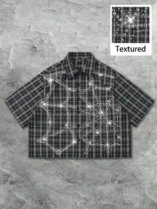 Men's Loose Fit Short Sleeve Plaid Shirt, Icon Print + Button Front Cardigan, Casual Fashion Top, Suitable for Daily Wear, All Seasons Comfort