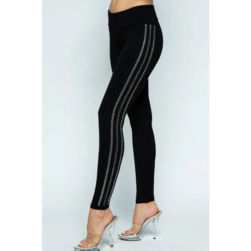 Vocal Side Striped Rhinestones Leggings - Black