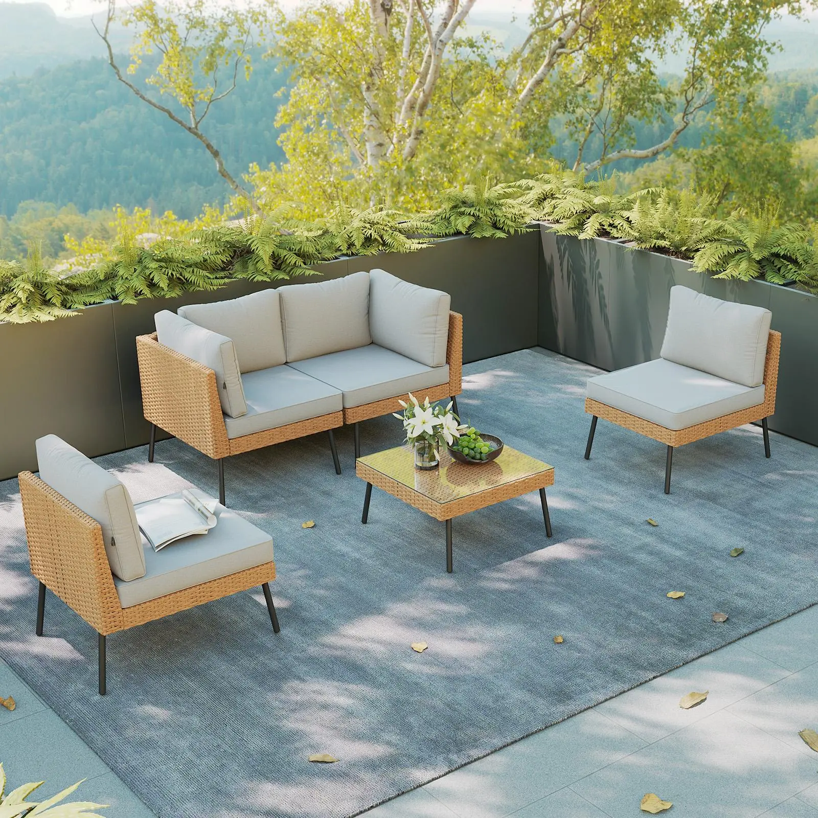 【Ships in 2 Packages】Aoxun Patio Furniture Set, 5 Piece Outdoor Sectional Sofas with Thick Cushion, Wicker Outdoor Patio Furniture Set with Coffee Table for Party, Garden, Backyard, patio  furniture