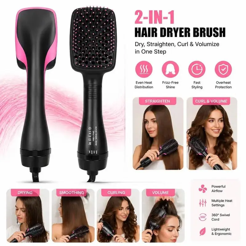 2-in-1 Hot Air Brush, Hair Dryer & Volumizing Styling Brush, Lightweight Household Hair Care Tool for Drying, Smoothing, Straightening & Everyday Home Use