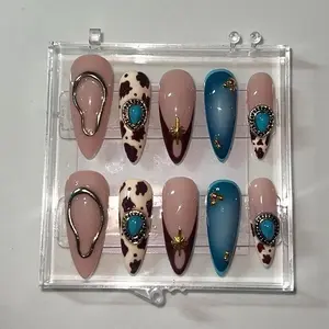 Western Cowgirl Press on Nails | Cow Print Boots Cactus Fake Nails | 3D Hat Turquoise Gem Glue on Nails | Luxury Handmade Set