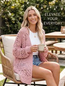 Women's Open Front Cardigan Lightweight Crochet Knit Sweaters Batwing Long Sleeve Hollow Out Loose Casual Outerwear