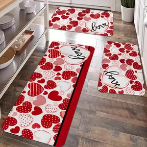 2/3pcs Valentine's Day red and white heart and love pattern kitchen carpet, comfortable and soft flannel floor mat, anti slip and anti fatigue kitchen carpet, suitable for kitchen, laundry room, entrance door, holiday home decoration