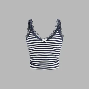 Cider [size 0-10] Cotton-blend V-neck Striped Lace Trim Bowknot Crop Cami Top