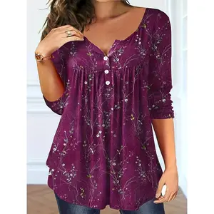 Plus Size Casual T-shirt, Women's Plus Floral Print Button Up Ruched Long Sleeve V Neck Medium Stretch T-shirt