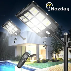 2PACK 6500W High-Intensity LED Solar Street Light - Wireless Remote Control, Motion-Sensor, 100000LM, 30000mAh Cool White, Dusk-to-Dawn Auto-On/Off, Semi-Flush Mount, Lithium Battery, Installation Hardware Included for Yard, Pathway, Garage, Driveway