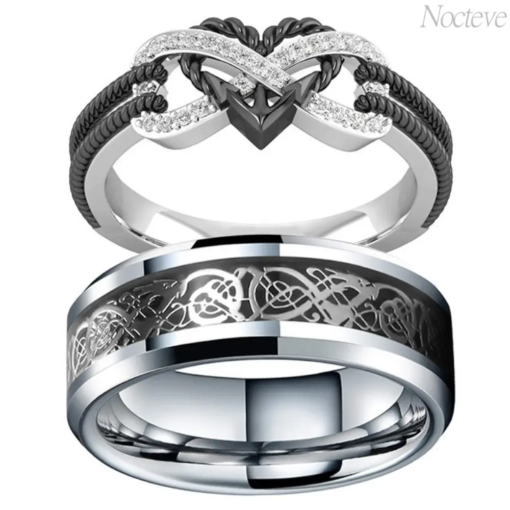 Matching Couple Rings Set for Women and Men, Black Heart Stainless Steel Promise Rings, His and Hers Relationship Jewelry, Minimalist Comfort Fit Band, Tarnish Resistant Gift for Anniversary, Valentine's Day, Birthday, Daily Wear