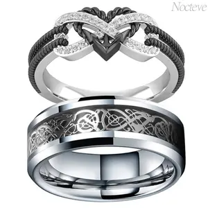 Matching Couple Rings Set for Women and Men, Black Heart Stainless Steel Promise Rings, His and Hers Relationship Jewelry, Minimalist Comfort Fit Band, Tarnish Resistant Gift for Anniversary, Valentine's Day, Birthday, Daily Wear