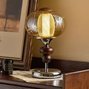Medieval Retro Style Rechargeable Table Lamp, 3 color temperature, Glass Wood, Vintage Style Desk Lamp, Bedside lamp, mother's day gifts