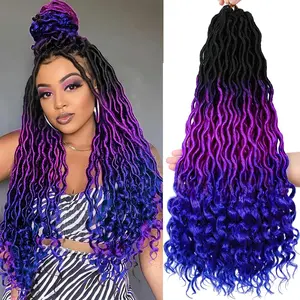 Ombre Faux Locs Crochet Hair 5Pack(120 Strands)Ombre Purple Blue Faux Locs Crochet Braids Hair Pre Looped Goddess Locs Crochet Curly Hair for Black Women (20inch,1B/Purple/Blue#)