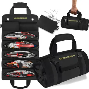 Tool Roll Bag, Expanded 5 Compartments and 2 Removable Tool Bags, Portable Tool Bag for Electricians and Mechanics, Compact Small Automotive Tool Bag, Black