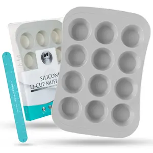 Silicone Muffin Pan (12-Cup) - Non-Stick Oven Dish - Professional Baking Mould - Multi-Purpose Cupcakes Tart Shells Mini Cheesecakes - BPA Free - by Cook'n'Chic