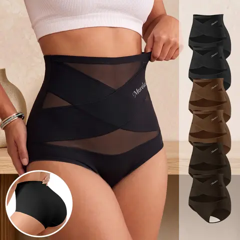 Morelect Women's S-5XL High-Waisted Mesh Panel Basic Briefs - Soft Fashion Breathable Seamless Knickers, Sheer Crossover Full Coverage Lady Underwear, Plus Size Garments