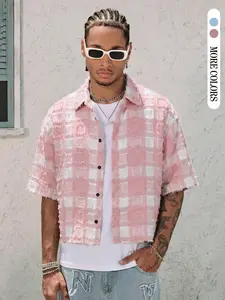 American Street Style Striped Short Sleeve Casual Button Collared Shirt, Letter Print Vintage Button-Up, Casual Loose Fit for All Seasons Menswear, Comfy Quality Shirt