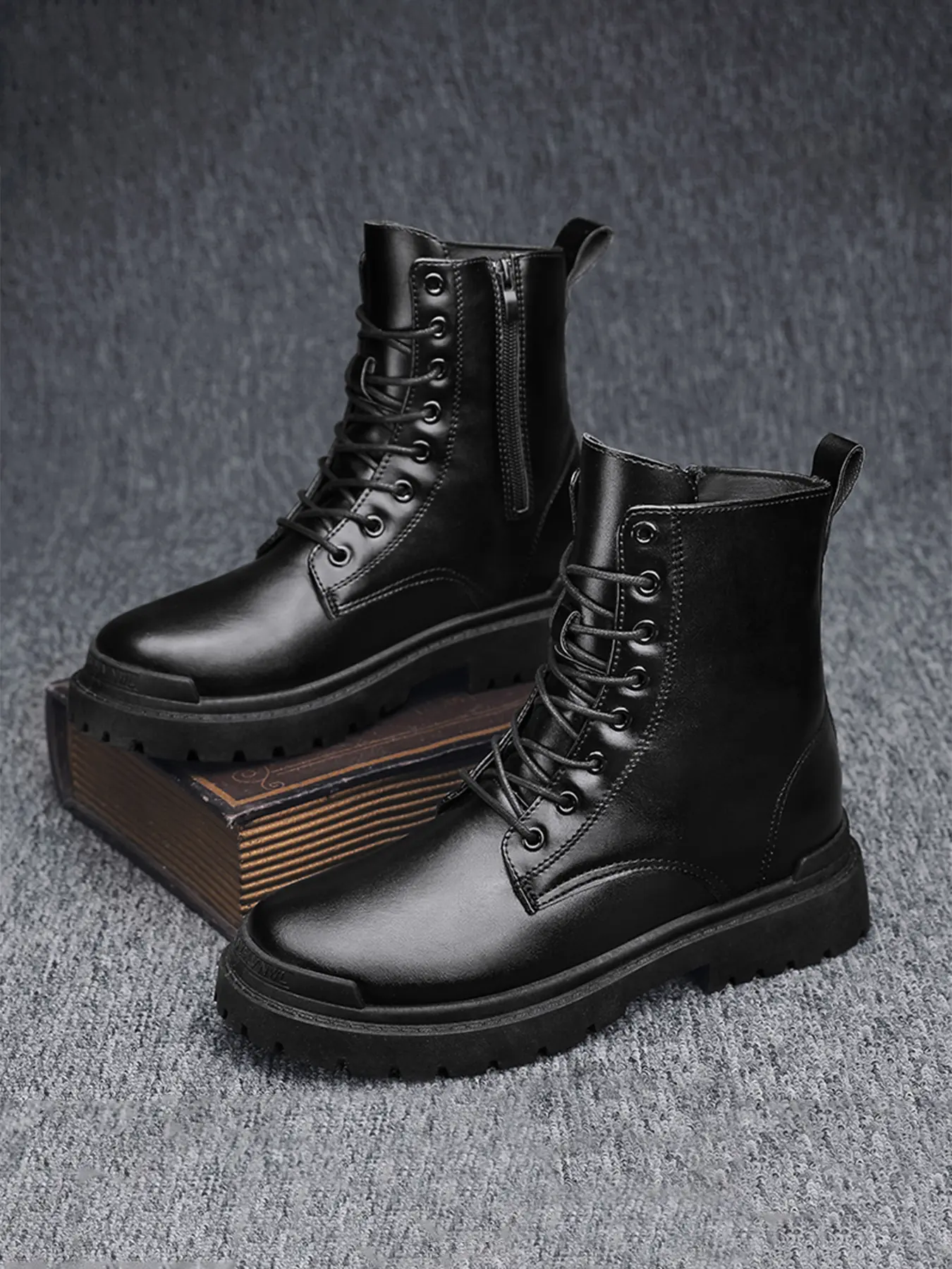 Men's High-Top Side Ankle Boots Leather Motorcycle Work Boots, Trendy British Style, Thick Sole, Closed, Casual Fashion Shoes Footwear, Western Work Boots