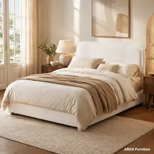 Elegant Boucle Queen Bed Frame - Adjustable Height Curved Cloud Headboard, Modern Low Profile Indoor Platform Bed Frame, No Box Spring Needed, Easy Assembly, White, Bed Frames