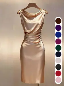 Summer Knit Satin Dress, Champagne Color, Halter Neck, Sleeveless, Waist Cinch, Midi Length, Pleated Design, Button Detail, Evening Gown, Ffsp2640