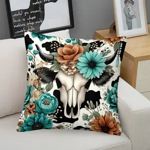 Western Cow Skull Floral Throw Pillow, Boho Cow Print Cushion with Pillow Core, Aesthetic Digital Print Accent Pillow for Couch, Bed, Living Room, Bedroom, Dorm, Rustic Cowboy Home Decor Pillow