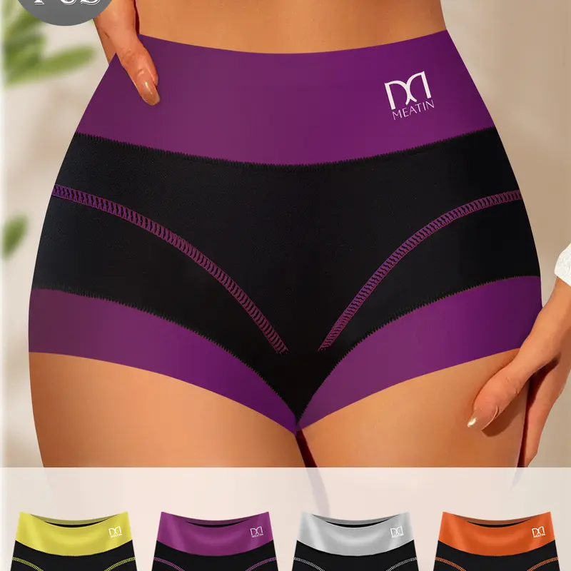 QUASTI 4/8 Pack Full-coverage Ladies Boxer Briefs, High-waist Tummy Control Contrasting Panties, Comfortable Breathable Underwear Briefs for Women