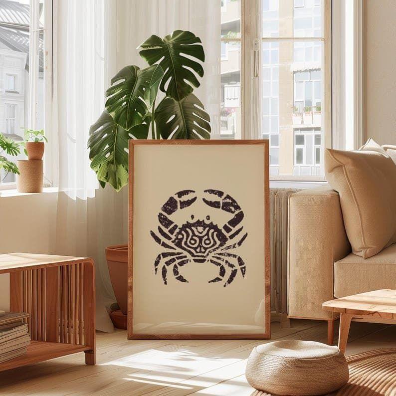 Abstract Crab Ink Drawing Print, Coastal Sketch Wall Art, Geometric Art, Nautical Black & White Ocean Decor, Beach Cottage Poster