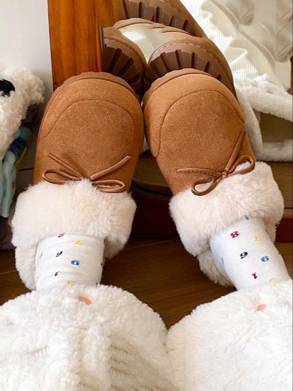Women's Plush Slippers with Sweet Bow Design, Warm Winter Indoor & Outdoor Shoes, Comfortable Casual Footwear for Fall Season, Home Footwear