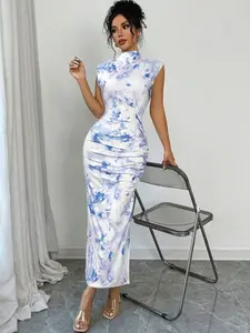 🌸 Floral Stand Collar Sleeveless Dress With Ruffle Waist, Elegant Summer Tea Party Look.