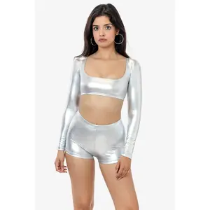 RLA387 - Lamé Squareneck Long Sleeve Micro Crop Top
