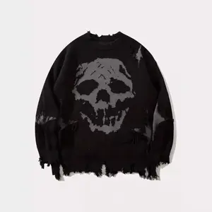Hip-Hop Dark Street Skull Jacquard Ripped Sweater Autumn Winter Loose Pullover Knitwear Halloween Face Patchwork Hoodie