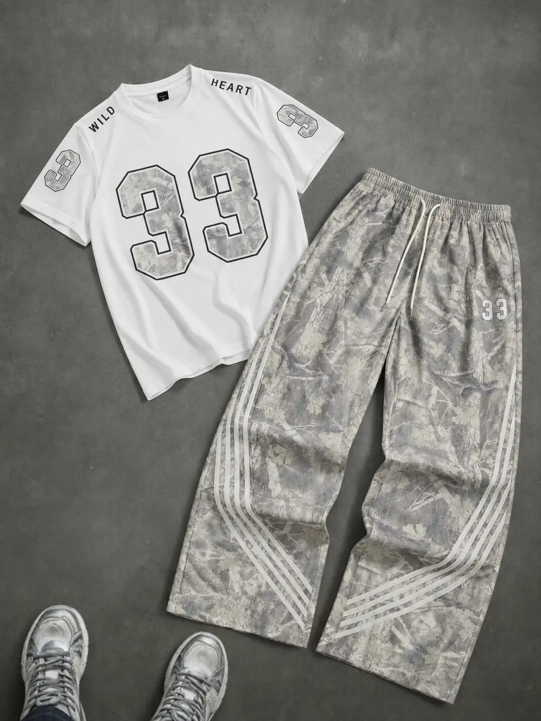 Men's 2-Piece Alternative Streetwear Set - Varsity Graphic Shortsleeve T-Shirt and Camo Athletic Drawstring Pants, Clothes, Top, Activewear, Sport, Casual, Men's 2 Piece Sets, Ootd Ideas, Tee, Track Pants, Trouser, Menswear, Camouflage, Stripes, Stylish,