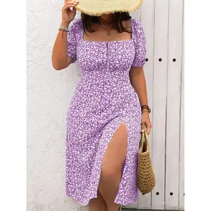 milkmaid dress Elegant Green Floral Midi Dress for Women - Plus Size Polyester Summer Pencil Skirt with Side Slit, Machine Washable, Casual & Office Wear