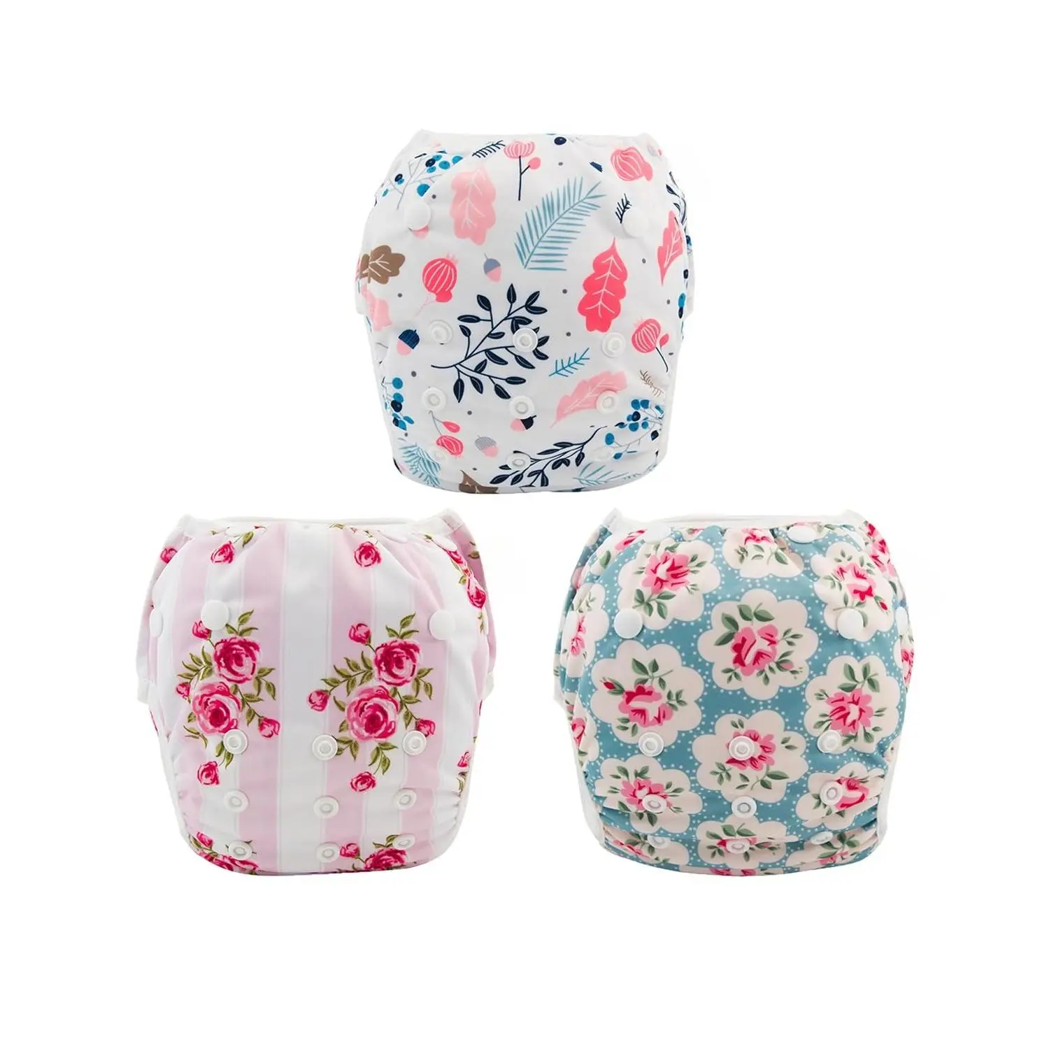 Baby Girl Reusable Swim Diapers 3-Pack, Waterproof Cloud and Flower Print, Chemical-Free & Washable for Infant Swimming Lessons, Polyester, Floral, Graphic, Adjustable, Small, Tpu, All Seasons, 0 - 3 Months, Blue,Yellow,Grey, Crab,Fish, Fish & Duck