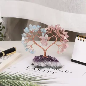 MollyGems Handmade Rose Quartz/ Aquamarine Love Heart Shape Wire Wrapped Crystals Tree with Amethyst Cluster Base Home Ornament