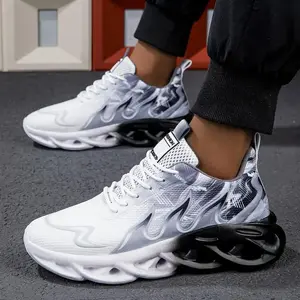 (New)Men's Large Breathable Mesh Athletic Running Shoes - Shock absorbent, soft-soled sneakers, white/grey and blue/pink gradients, lace-up low top, perfect for casual and travel workout