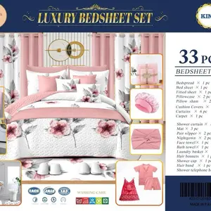 Luxury 33 Pieces Bedsheets Sets with Floral Design and Pink Accents