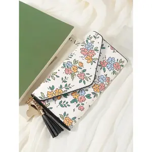 Women's Ditsy Floral Print Long Wallet with Tassel Decor, Casual Multi-card Slot Zipper Purse with Heart-shaped Pendant, Fashionable Wallet for Daily Use