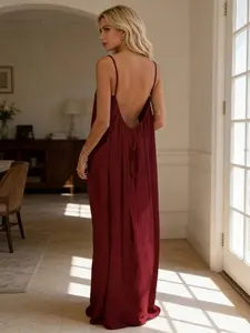 Women's Backless Strapless Dress, Casual Flattering Sleeveless Long Sundress with Back Tie Design, Minimalist Pure Color Home Wear, Womenswear