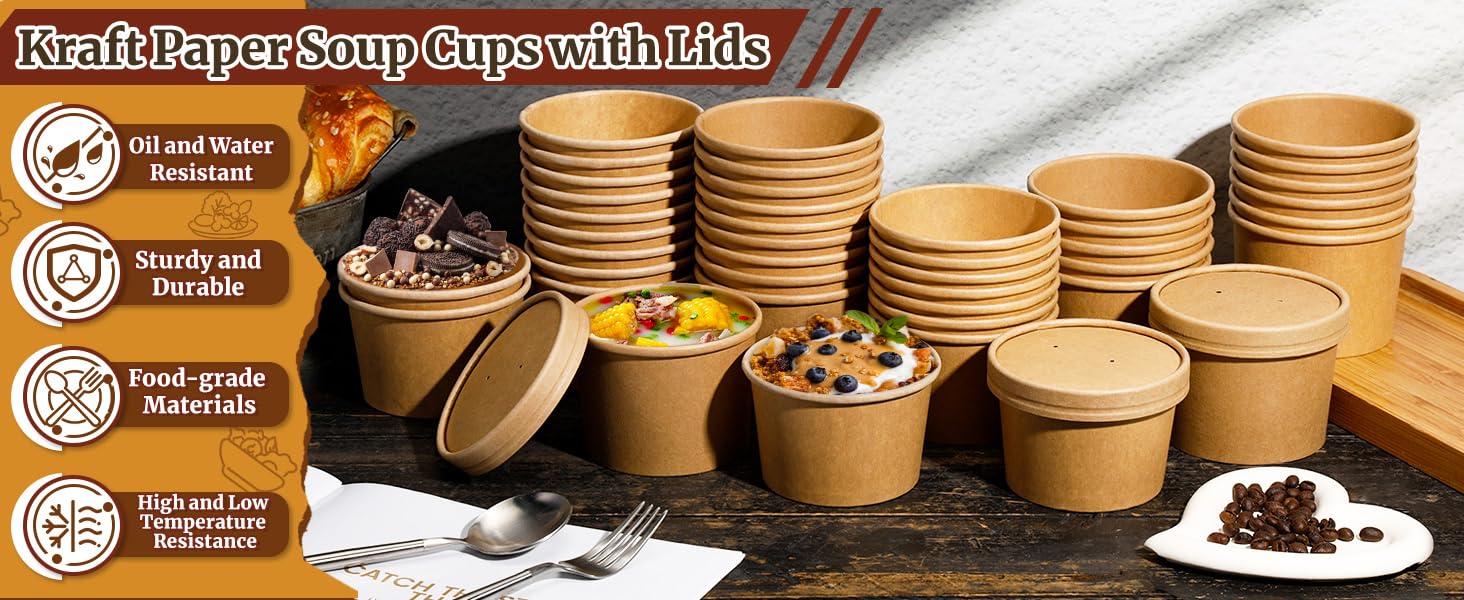 12 oz Kraft Paper Lidded Bowl Set, 50-Pack Leakproof Disposable Biodegradable Containers for Hot/Cold Foods (Disposable Kitchenware Cookware)