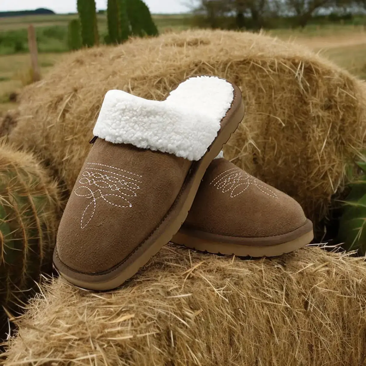 Western Boot Stitch Slippers (Brown)