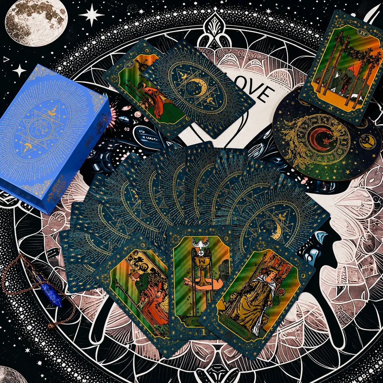 Blue Sun & Moon Shimmer Tarot Deck Waterproof Durable Rider-Waite Divination Cards Set for Beginners & Experienced Readers