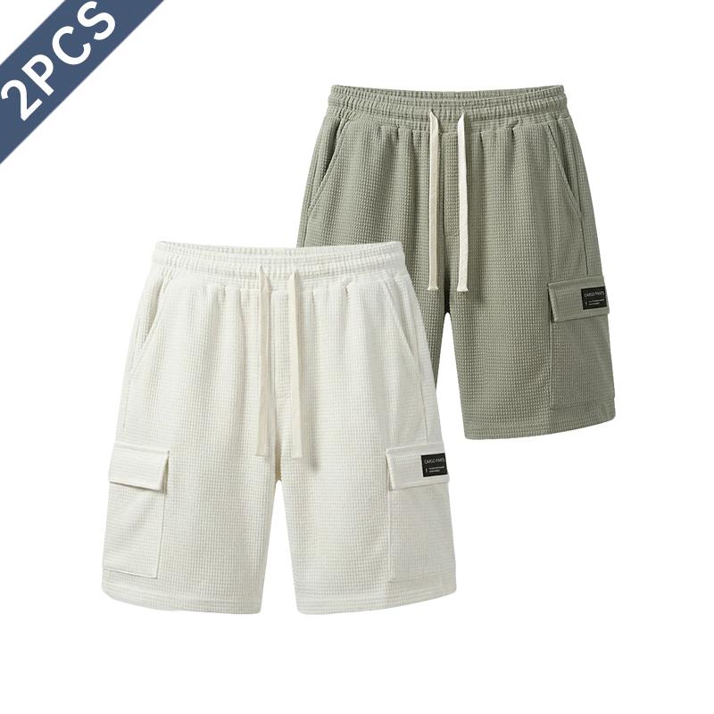 2-pack men’s athletic casual shorts, mid-length shorts for summer with a waffle texture, elastic waistband and drawstring; comfortable and breathable—ideal for the beach, outdoor hiking, everyday wear, and commuting.
