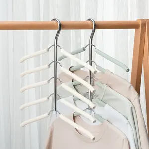2 Pack 5 in 1 Space Saving Clothes Hangers Multi-Layer Blouse Tree Hangers with Foam Non Slip Stainless Steel Shirt Hangers T Shirt Hoodie Sweatshirt Short Closet Storage Organizer