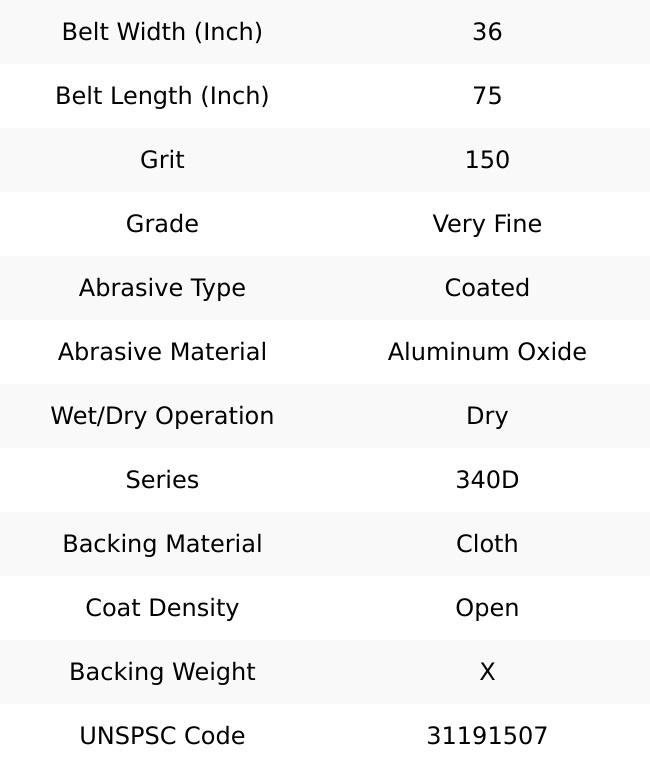 3M 36" Wide x 75" OAL, 150 Grit, Aluminum Oxide Abrasive Belt Aluminum Oxide, Very Fine, Coated, X Weighted Cloth Backing, Series 240D 7010362084