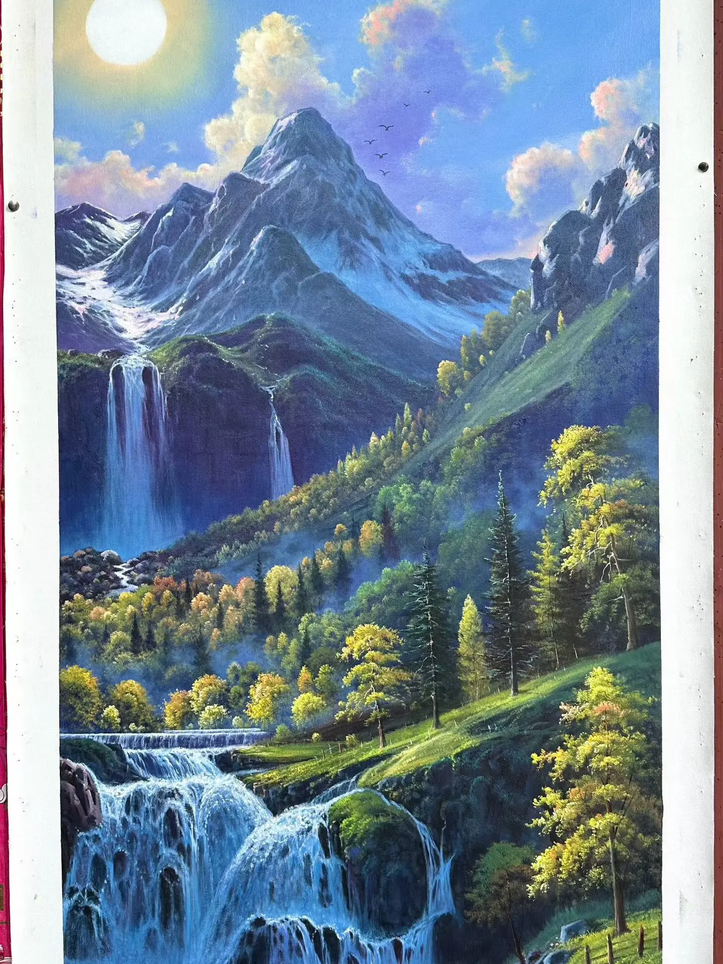 Textured Hand-Painted Oil Painting, Sunrise Mountain Water Landscape, Living Room Decor Wall Art