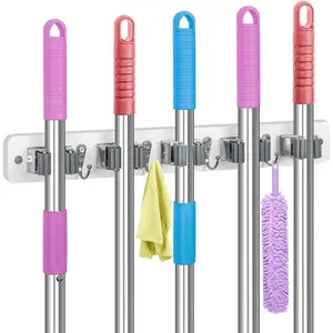 Broom Holder Wall Mount, Wood Broom Holder with 5 Racks and 4 Hooks Broom Organizer, Laundry Room Organization and Storage, Mop Hanger for Home Organization, Garden, Garage, Closet (White)