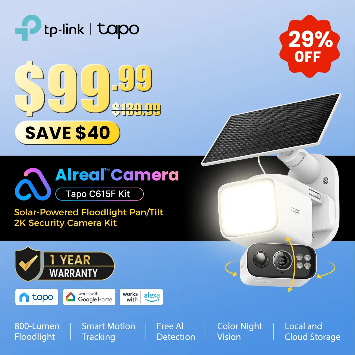 TP-Link & Tapo C615F Kit Solar Dimmable Floodlight 360° Pan/Tilt Security Camera Kit,2K 3MP 360° AI Tracking Outdoor Wireless w/Solar Panel Free Person/Vehicle Detection Hack-Proof Security | Alexa & Google Home #SummerWins #DealsForYouDays