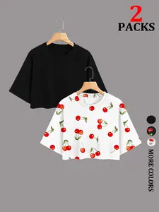 Women's Casual Loose-Fit Round Neck Short Sleeve T-Shirt Set, Cherry Digital Print, Summer Fashion Top for Gym, Vacation, Yoga