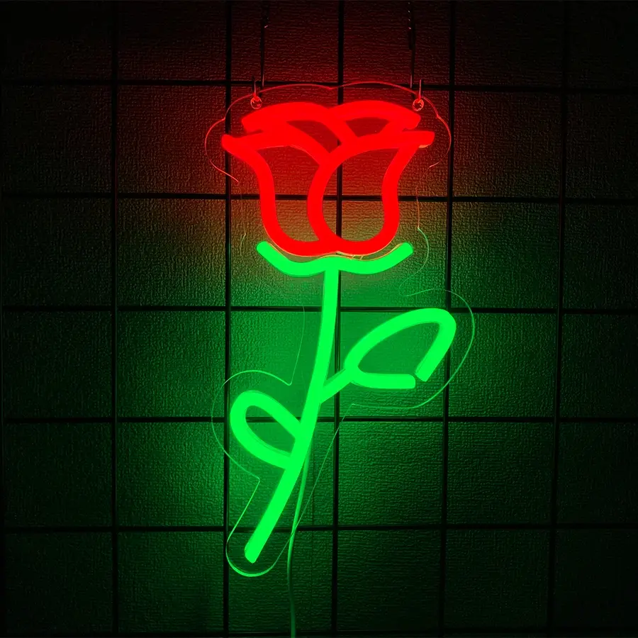 Rose Neon Sign - Red rose Flower with Green Stem Neon Art Wall Decor  Operated for Girls Bedroom Birthday Gift Party Wedding Rose Lights for Bedroom Led Decoration Lamp Flower Design Lamp Led Neon Lights Decorative Wall Light